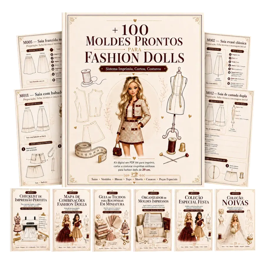 Mockup completo dos Moldes de Fashion Doll para venda e todos os b&ocirc;nus